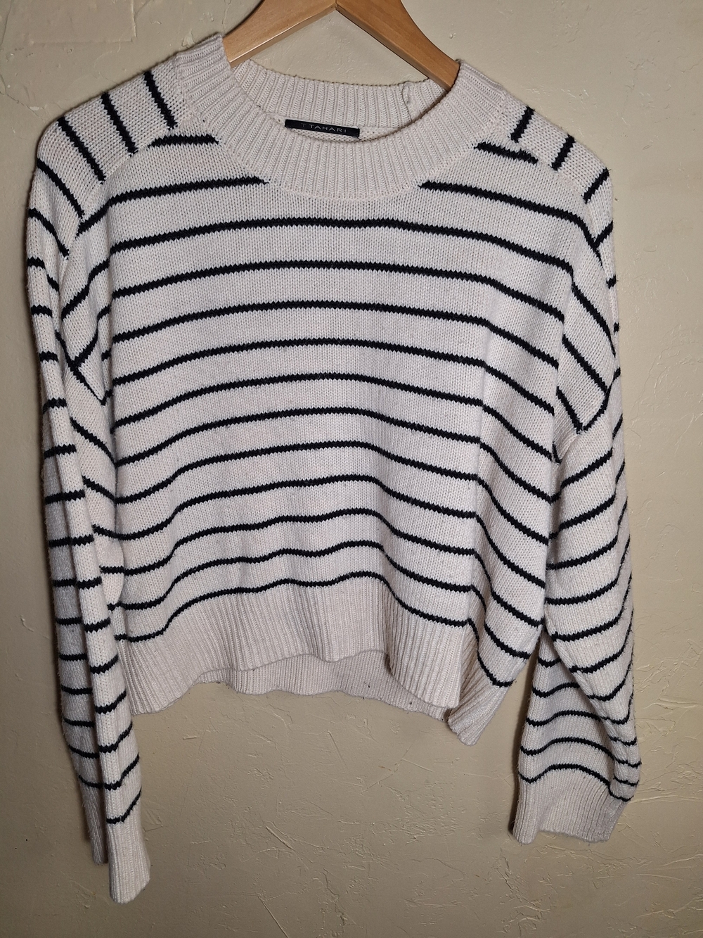 T Tahari White Crewneck Sweater with Black Stripes